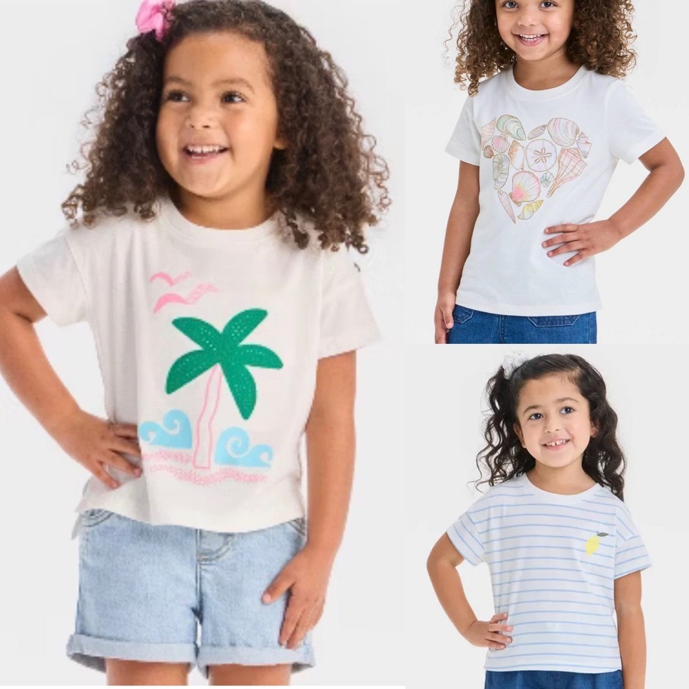 Lot of 3 Cat & Jack Girls Graphic Summer T-Shirts 5T Palm Tree Seashell Lemon